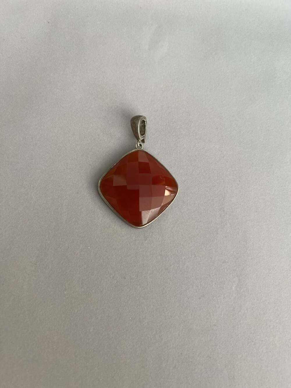 Sterling Silver Red Carnelian Checker Cut Square Pendant